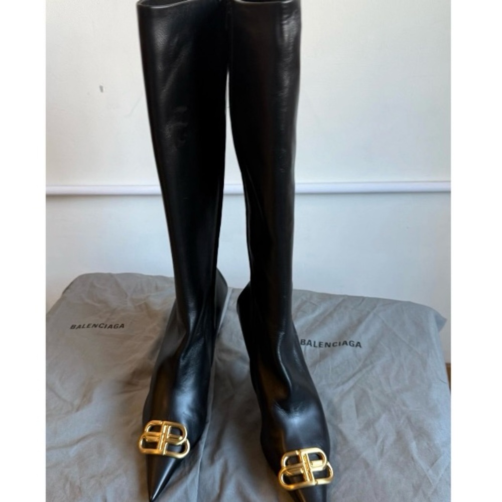 Balenciaga Black Heeled Boots with Gold Accents